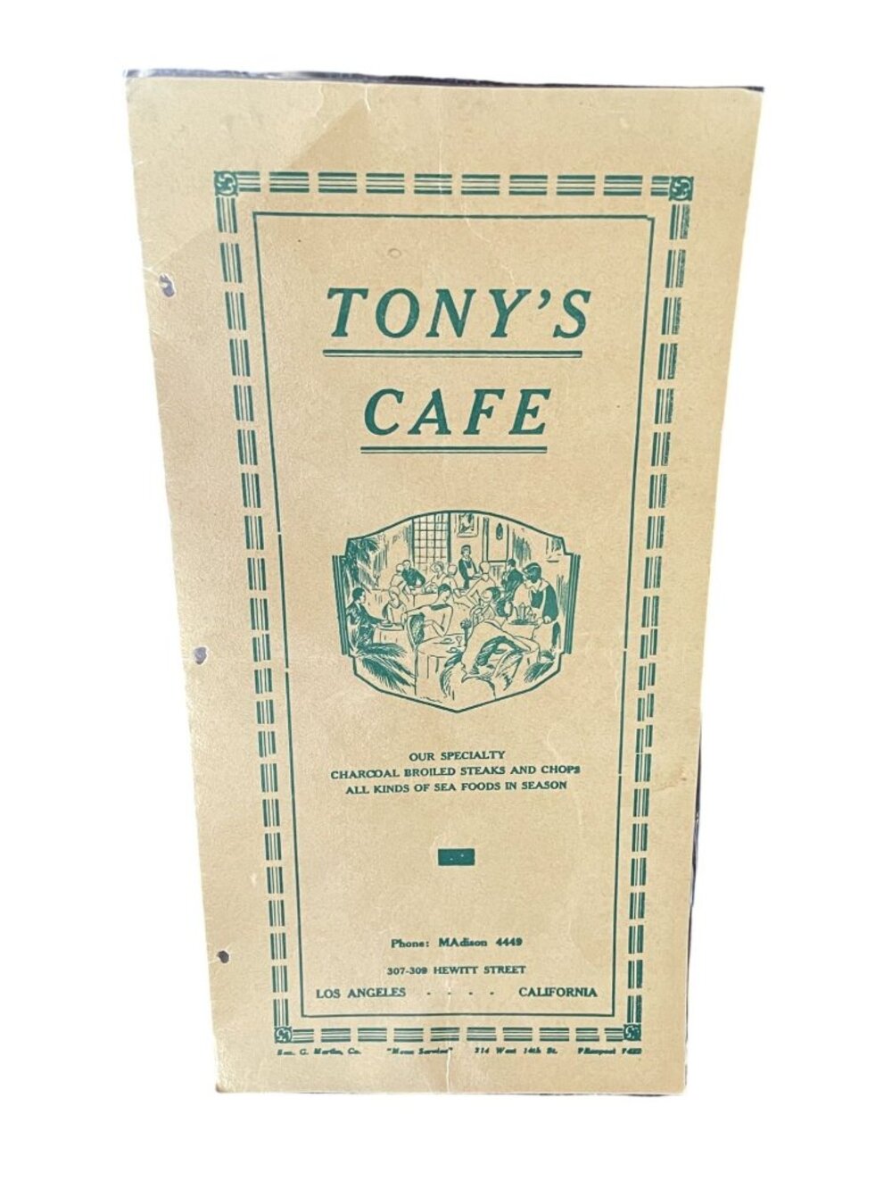 Vintage 1930s Tony's Cafe Restaurant Menu Los Angeles California Ephemera
